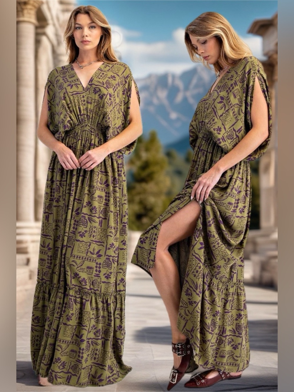 Easel | Athena Goddess Maxi Dress Olive Plum Bohemian Desert Boho Mumu New Small